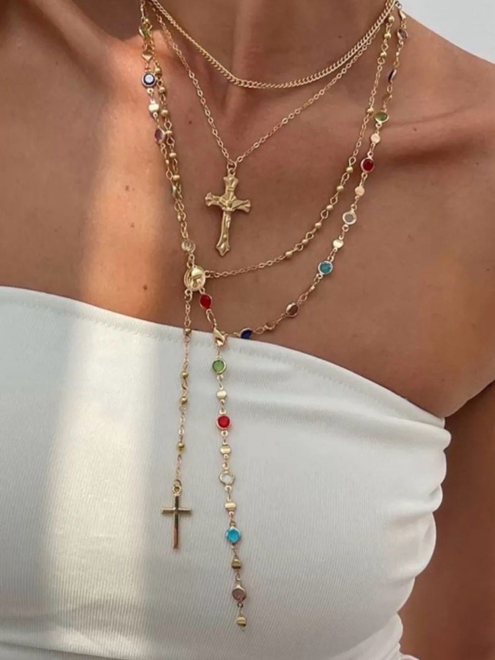 NWT Josslyn Boho Y Multi Stone Cross Lariat Layer Necklace Gold Tone Stack
